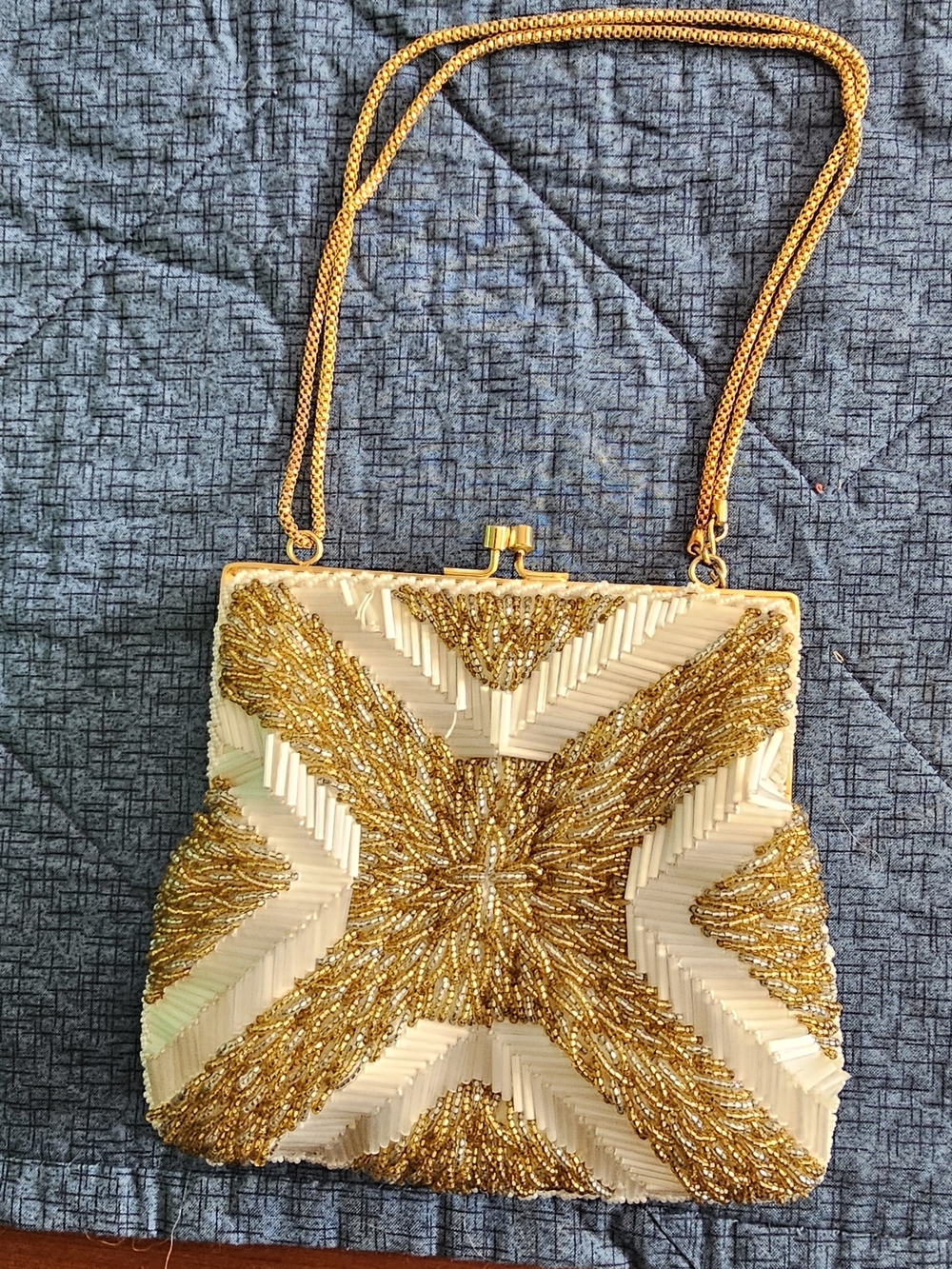 Vintage MCM 1960s La Regale Hand Beaded Geometric Gold Cream Bag Clutch